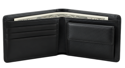 Open black leather wallet with money visible inside and card slots on one side of the wallet