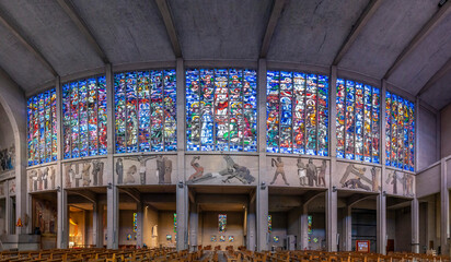 Blois, France - 10 27 2025: Panoramic view of the stained glass window inside Basilica of Our Lady...