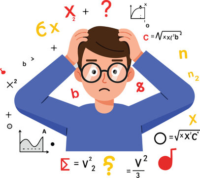Confused man solving complex math problems with formulas and graphs vector illustration 