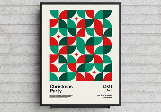 Christmas Party Poster Template with Rounded Pattern and Stars Bauhaus Style