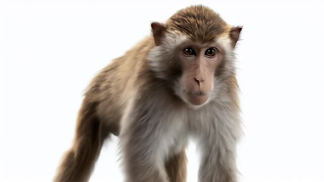 Monkey Sitting Alone, Looking Right, Isolated on White.
