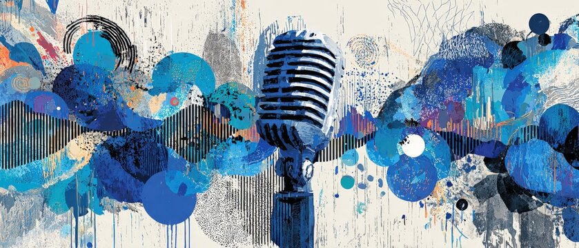 Vintage microphone with abstract blue and white background, evoking music, performance, and artistic expression in a modern, vibrant design