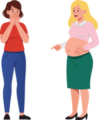 Fototapeta premium Pregnant woman pointing at shocked friend with hands over mouth in casual clothing vector illustration 