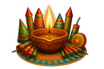 Diwali celebration with diya lamp and firecrackers on decorative mat, transparent background