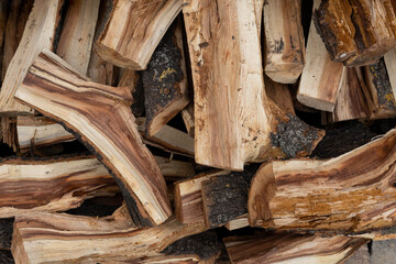 Split firewood with bark close-up