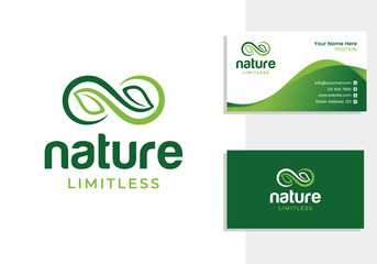 Leaf with infinity symbol, nature limitless logo and business card design template