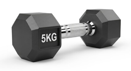 A 5kg black hexagonal dumbbell with a chrome handle, isolated on a white background.