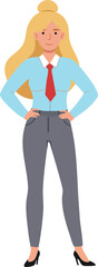 Fototapeta premium Confident businesswoman with blonde hair wearing blue shirt and red tie standing with hands on hips in professional attire 