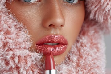 Woman is wearing a pink fur coat and holding a red lipstick. The lipstick is shiny and has glitter on it. The woman's face is the main focus of the image