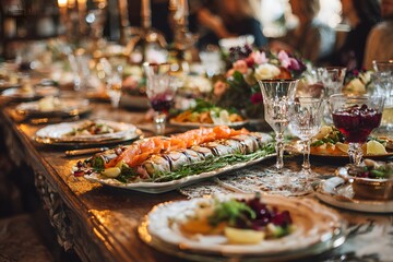 Large table is set with a variety of food and drinks, including a long platter of salmon and a salad. The table is surrounded by several chairs, and there are multiple wine glasses