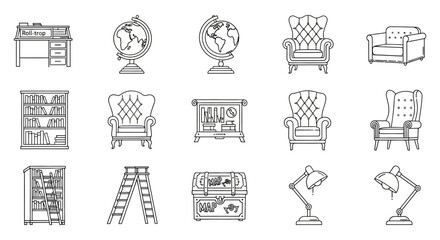 antique furniture featuring roll-top desk globes armchairs and bookshelves in line art style for historical illustration and vintage design projects.