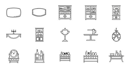 antique furniture icons line art illustrations of vintage home furnishings including tables cabinets and decor ideal for historical designs