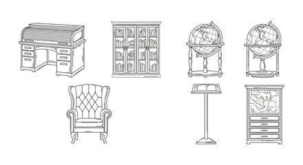 antique furniture set showcasing classic interior design with a rolltop desk bookcase globes chair map cabinet and lectern for historical study and elegant living spaces