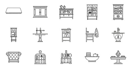 antique furniture outline icons classic furnishings showcasing vintage cabinets tables  utensils perfect for illustrating interior design concepts
