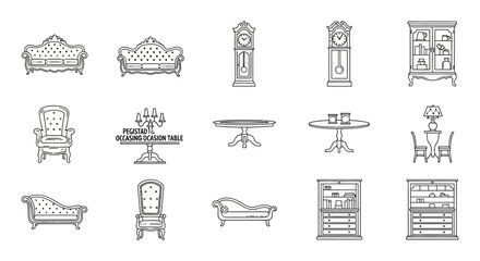 antique furniture icons vintage interior design elements depicting sofas tables clocks and cabinets ideal for historical decor concepts line art style