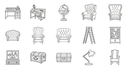 antique furniture icons roll-top desk armchairs globe  chest. sketch drawing illustrations collection set ideal for vintage design projects.