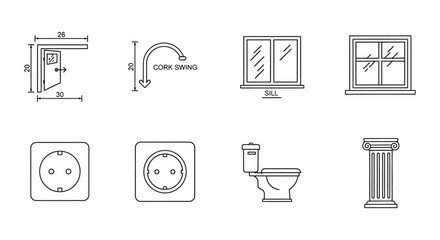 architectural blueprint symbols door swing window sill outlet toilet column illustrations for building plans and architectural projects