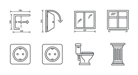 architectural plan symbols door window power outlet toilet and column designs for blueprint drafting interior design and building construction