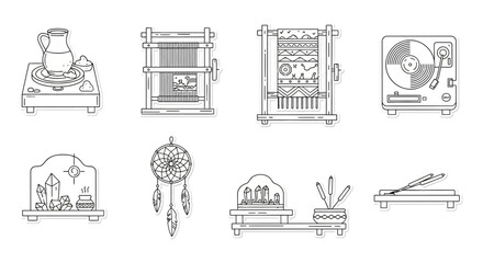Arts and crafts tools illustrations pottery weaving turntable crystals dreamcatcher spiritual items creating creative hobby equipment