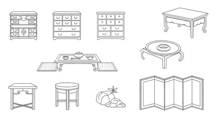 Asian furniture line art collection showcasing traditional designs for interior decoration conveying elegance and cultural richness ideal for design projects