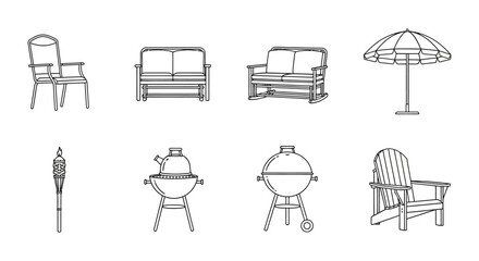 backyard barbecue icons chairs grills tiki torch and umbrella for outdoor living depicting summer fun and relaxation for patio decoration needs