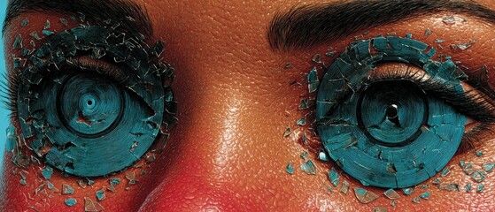 Closeup of Womans Eye with Broken Glass and Teal Gears, representing Vision Impairment, Mental Health, and the Fragility of Perception