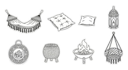 Cozy backyard relaxation setup hammock fire pit pillows  lantern creating an inviting outdoor living space for leisure and evening gatherings