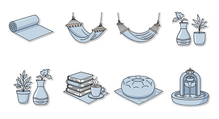 cozy home decor elements yoga mat hammocks plants books and a fountain creating a serene and relaxing indoor retreat perfect for lifestyle blogs