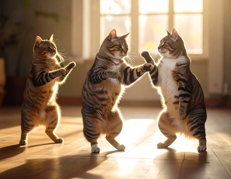 Playful Cats: Three tabby cats in an engaging moment, standing gracefully on their hind legs and interacting in a sunlit interior, each cat displaying distinctive body language. 