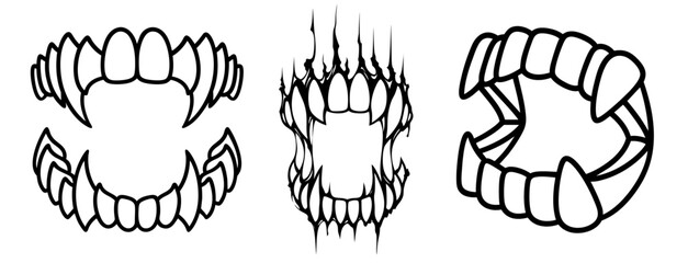 Vampire and monster teeth, fangs set — fake vampire dentures, bloody sharp fangs and demonic jaws for Halloween