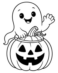 Ghost in pumpkin — funny Halloween spirit popping out of jack o’lantern