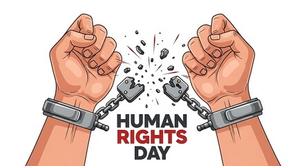 Illustration of two human hands breaking free from metal shackles, symbolizing freedom and human rights day.