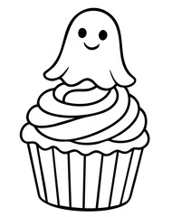 Halloween cupcake with ghost coloring page for kids — cute spooky dessert illustration