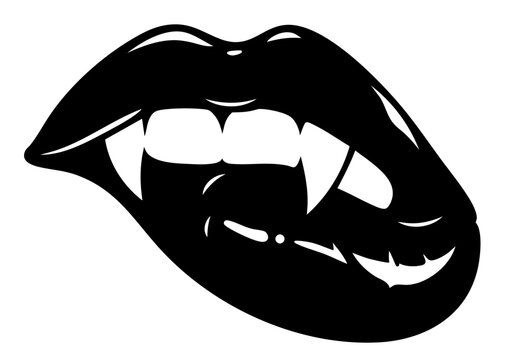 Glossy lips with vampire fangs &mdash; seductive female mouth biting lip, gothic temptation and danger