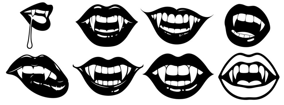Vampire lips set with fangs and dripping blood &mdash; seductive Halloween mouth collection of gothic dark passion and danger