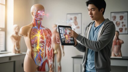 A student uses augmented reality on a tablet to study human anatomy, revealing holographic biological systems on a model - Powered by Adobe