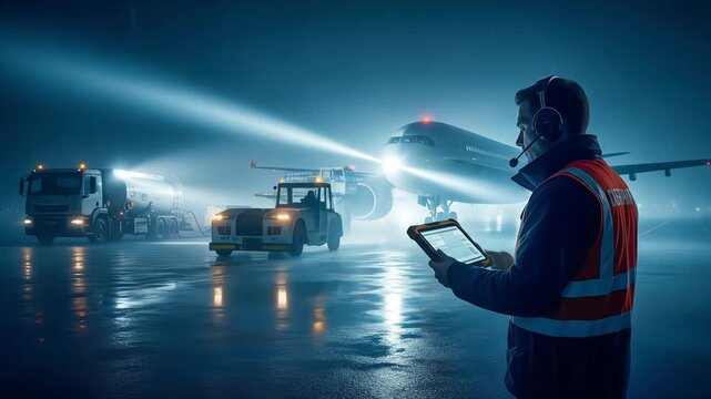 An aviation dispatcher coordinates aircraft ground services with a tablet on a foggy tarmac at night