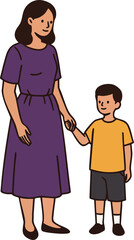 Obraz premium Woman holding hands with young boy wearing purple dress and yellow shirt family relationship vector illustration 
