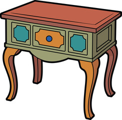 Colorful vintage wooden table, ornate legs, decorative drawer, multicolored furniture, retro design, stylized vector illustration, antique style, home decor asset