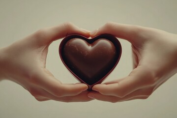 Fototapeta premium Two hands tenderly cradle a heart-shaped chocolate in a small red box, symbolizing love, care, and a sweet gesture of affection or gift-giving.