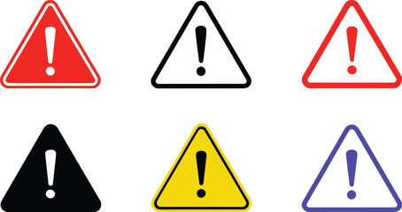 Colorful warning signs, triangle alert icons, exclamation mark symbols, safety vector illustration, caution clipart, hazard indicators, alert design, signage concept