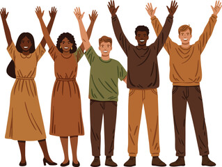 Fototapeta premium Diverse group of happy people raising hands in casual clothes celebrating together vector illustration 