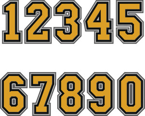 Gold stylized number set, bold 3D digits, black outline, sports jersey font, graphic design element, numeric vector art, stock image