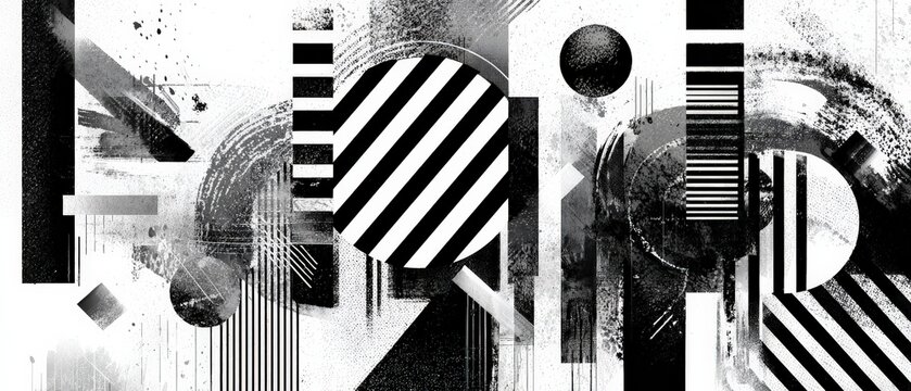 Dynamic black and white abstract art with geometric shapes and brush strokes Modern graphic design with bold lines and textures for contemporary backgrounds