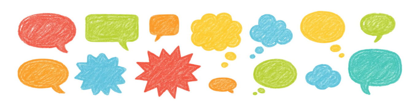 Speech bubbles doodle drawn crayons. Pencil talk speech cloud balloon box dialogue message vector icon