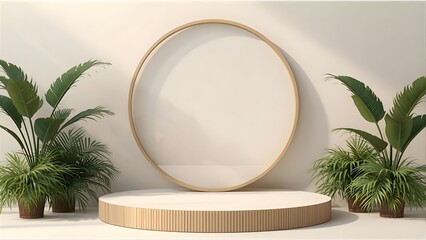 Minimalist stage with plants and circular backdrop, perfect for product display.