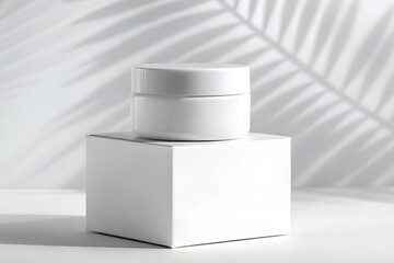 White cream jar mockup on box for skincare beauty product promotion