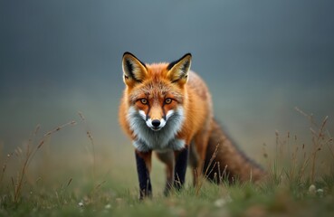 Obraz premium Wild red fox stands alert in green field. Animal stares directly with bright orange eyes, observing surroundings. Bushy tail, black legs, white chest fur. Natural habitat outdoor wilderness.