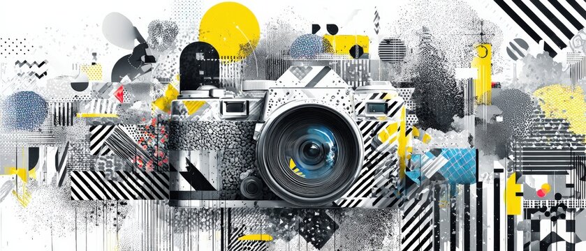Abstract camera illustration with geometric shapes and vibrant colors, creating a modern and artistic photography concept