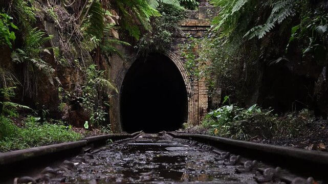 entrance to the old abandoned Helensburgh Railway Station and tunnel near Sydney in Australia, a popular travel destion to see glow worms glowing in the darkness.